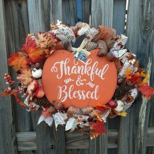 Thankful & Blessed Pumpkin Wreath Autumn Thanksgiving Deco Mesh Handmade 18"
